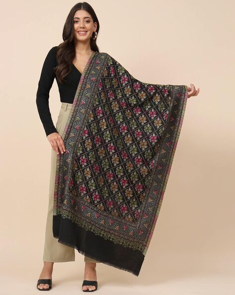 Embroidered Shawl with Fringed Hems Price in India