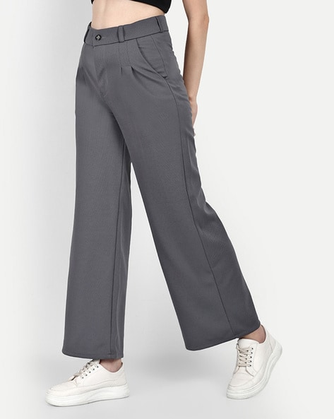 High Rise Pleated Baggy Trouser Pants - Grey