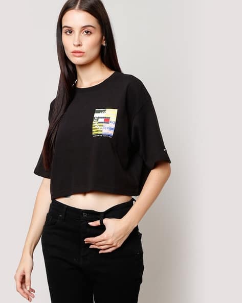 Graphic Print Relaxed Fit Crew-Neck Crop T-Shirt