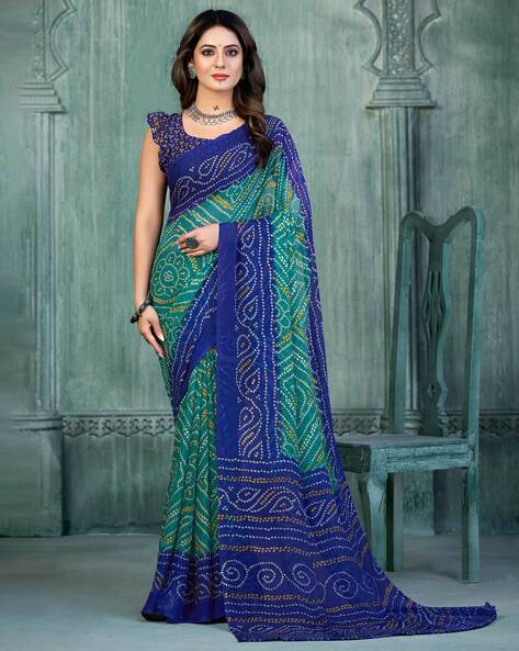 Green and Ocean Blue Georgette Dual Tone Saree with Foil Print