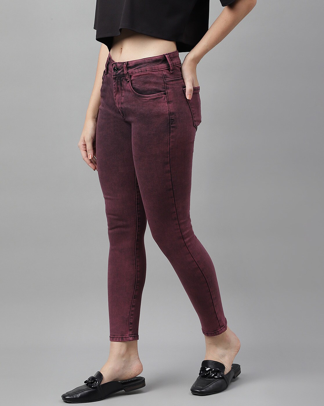Buy Sinsay women skinny fit plain stretchable jeans maroon Online