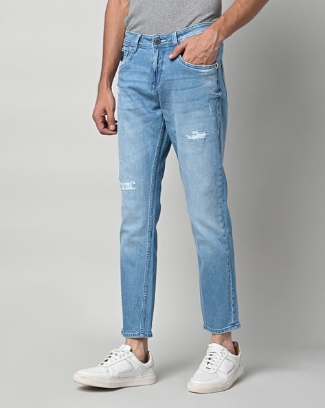 Light Blue Jeans Mens Ripped Cropped Jeans Men Mid-Wash Tapered
