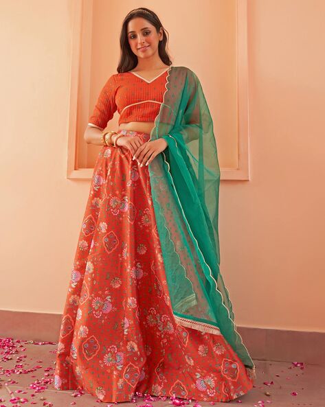 Pure Rera Silk Green Lehenga Choli With All-Over Digital Printed And Assam  Silk Dupatta | Exotic India Art