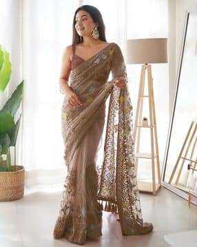 Embroidered Net Saree with Tassels-image-1