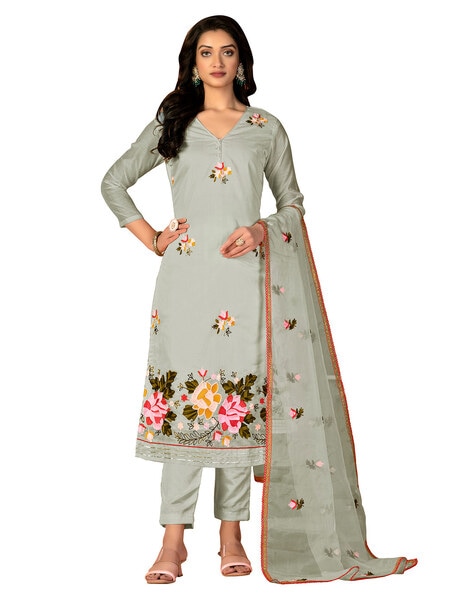 Embroidered 3-Piece Unstitched Dress Material Price in India