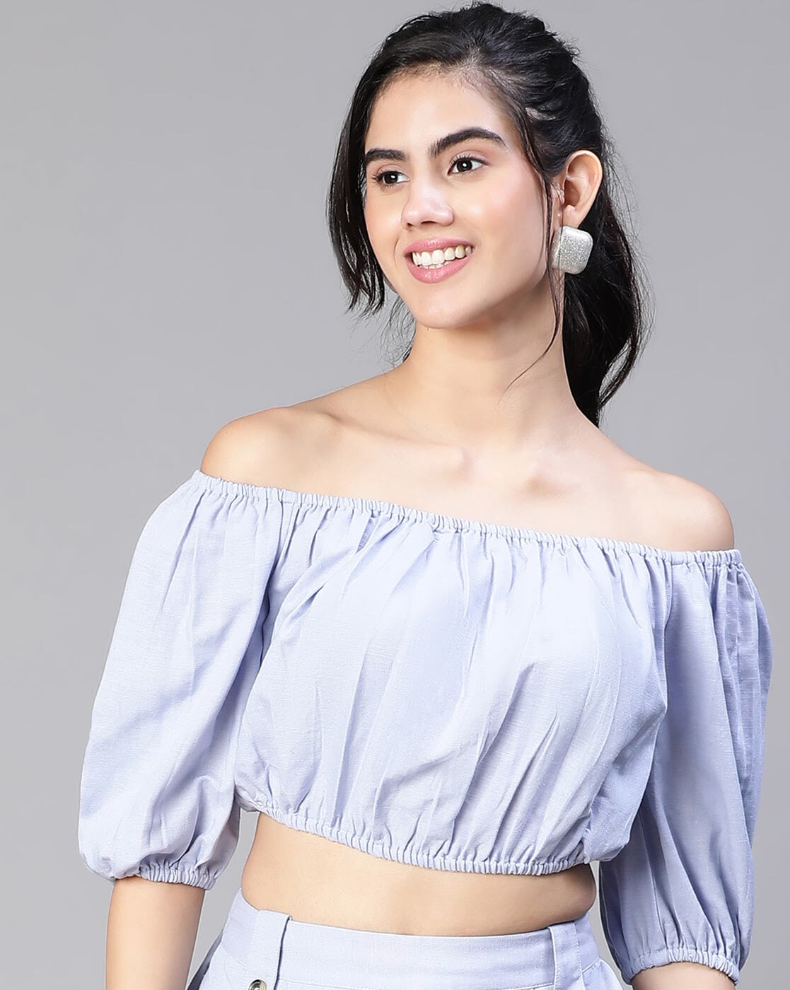 Blue off the discount shoulder crop top