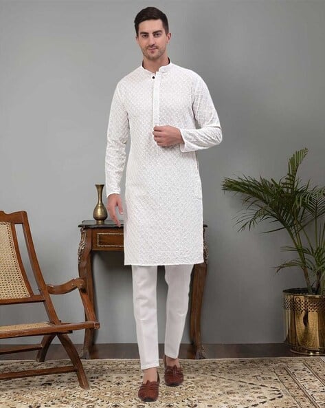 JOMPERS Embroidered Long Kurta with Mandarin Collar
