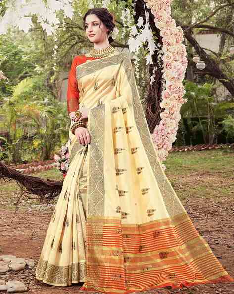 Banarasi Silk Festive Wear Striking Thread Silk Saree in Cream color, With  Out Blouse Piece at Rs 1725 in Surat