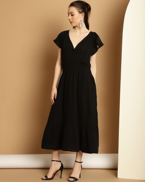 Black v neck discount fit and flare dress