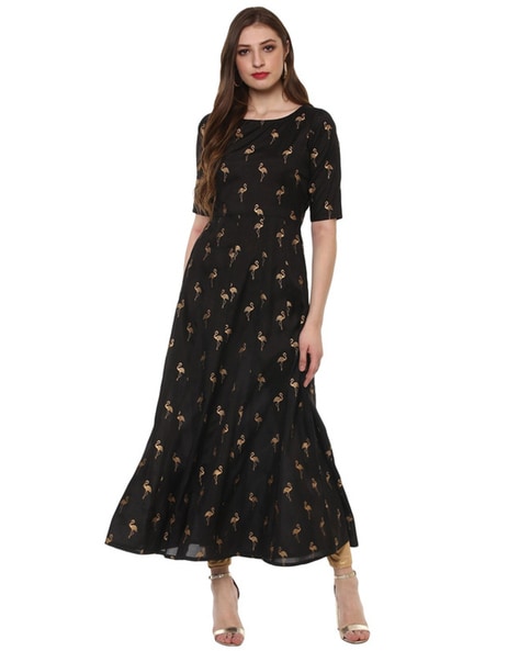 Ahalyaa Graphic Print Boat-Neck Flared Kurta