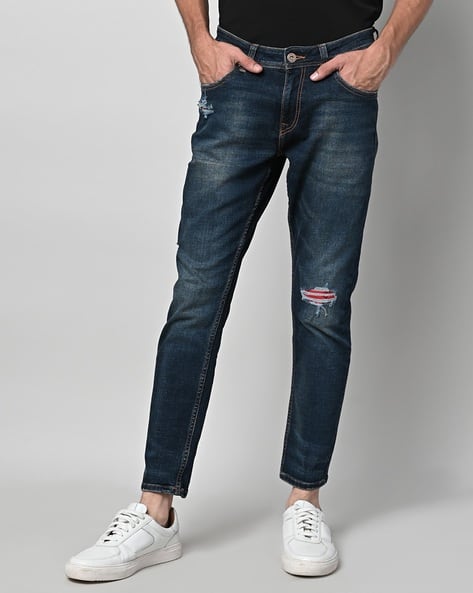 SPYKAR Men Mid- Wash Tapered Fit Distressed Jeans