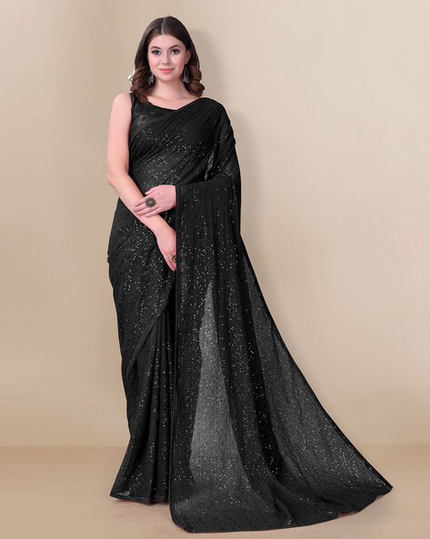 Buy Black Chiffon Saree With Embellishments And Satin Border