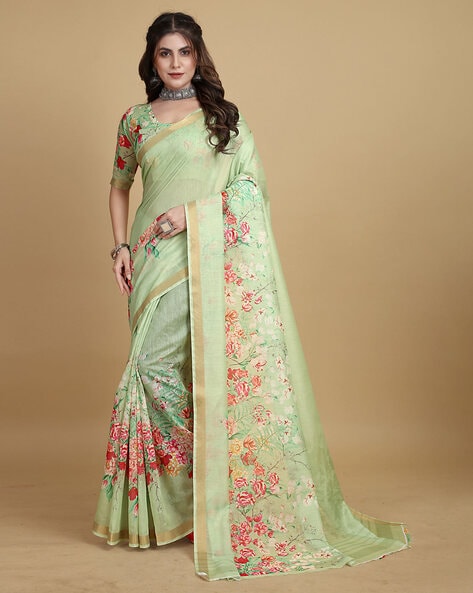 Woven Linen Saree in Light Green : SPF6211