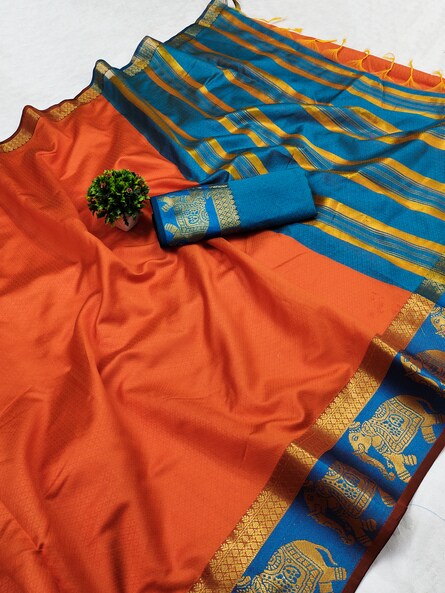 Buy Orange Sarees, Blue Clutches with Blue Earrings Scrapbook Look by Anku