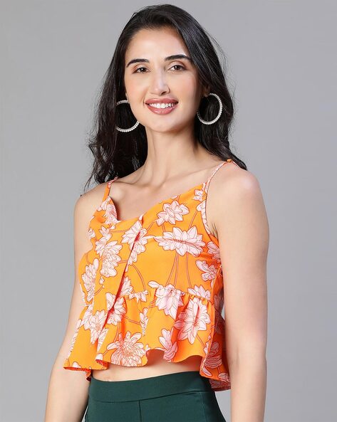 Buy ORANGE FLORAL-PRINT KNOT-TIE BLOUSE for Women Online in India