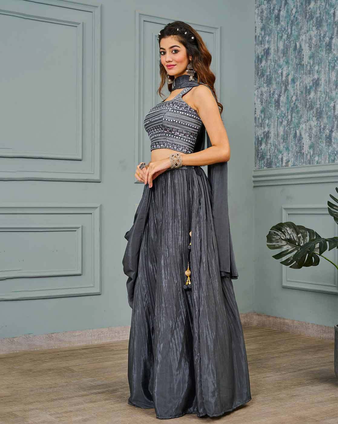 Grey Embroidered Lehenga With Crop Top | Ruffle blouse designs, Crop top  lehenga, Lehenga designs