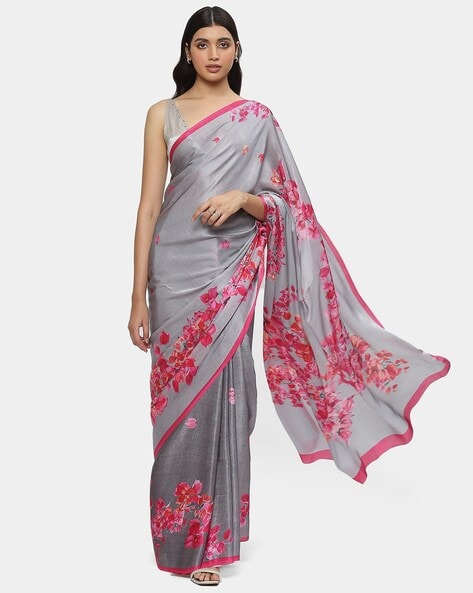 Pink Handloom Checks Banarasi Saree With Grey Border and Butterflies –  WeaverStory