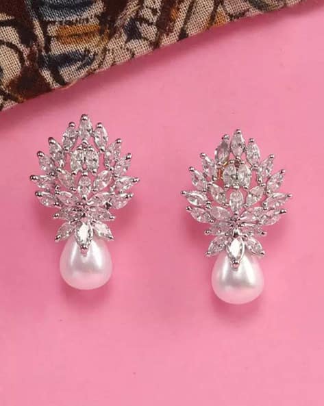 BHRM Silver-Plated American Diamond-Studded Drop Earrings