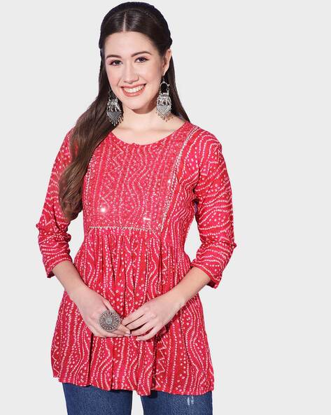 Party Wear 3/4th Sleeve Long Bandhani Cotton Kurti, Size: S-XXL, Wash Care:  Machine wash at Rs 950 in Jaipur