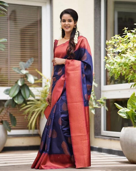 Charming Navy Blue Soft Banarasi Silk Saree With Glowing Blouse Piece –  LajreeDesigner