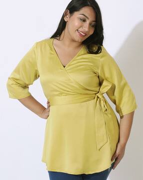 Women V-Neck Wrap Plus Size Top with Tie-Up