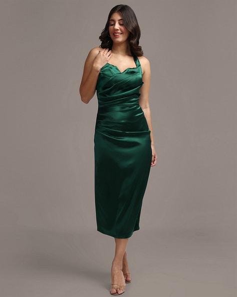 Buy SATIN GREEN COWL-NECK BODYCON DRESS for Women Online in India