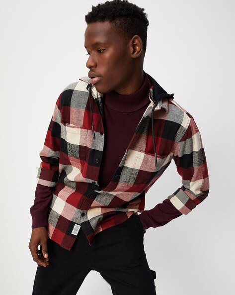 Checked Hooded Shirt with Patch Pockets