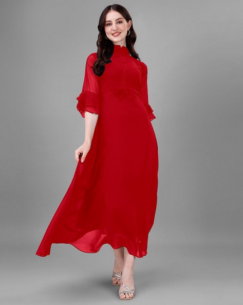 Brinley Long Sleeve Knit Maxi Dress - Red - MESHKI
