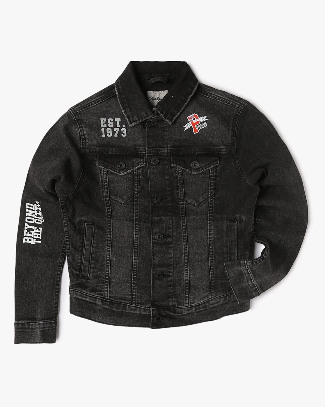 SHOWOFF Men's Spread Collar Solid Black Denim Jacket