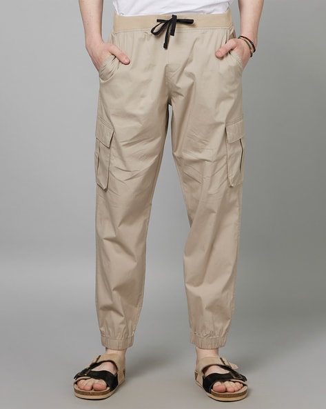 Celio Men Olive Solid Loose Fit Cotton Elastane Cargos Casual Trousers
