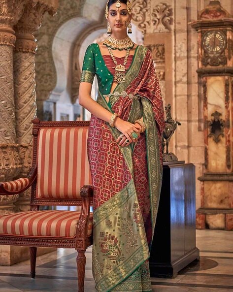 Bottle Green With Maroon Border Silk Traditional Saree – paanericlothing