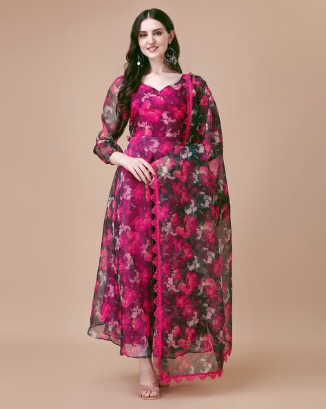 Floral Print Anarkali Kurta & Dupatta Set