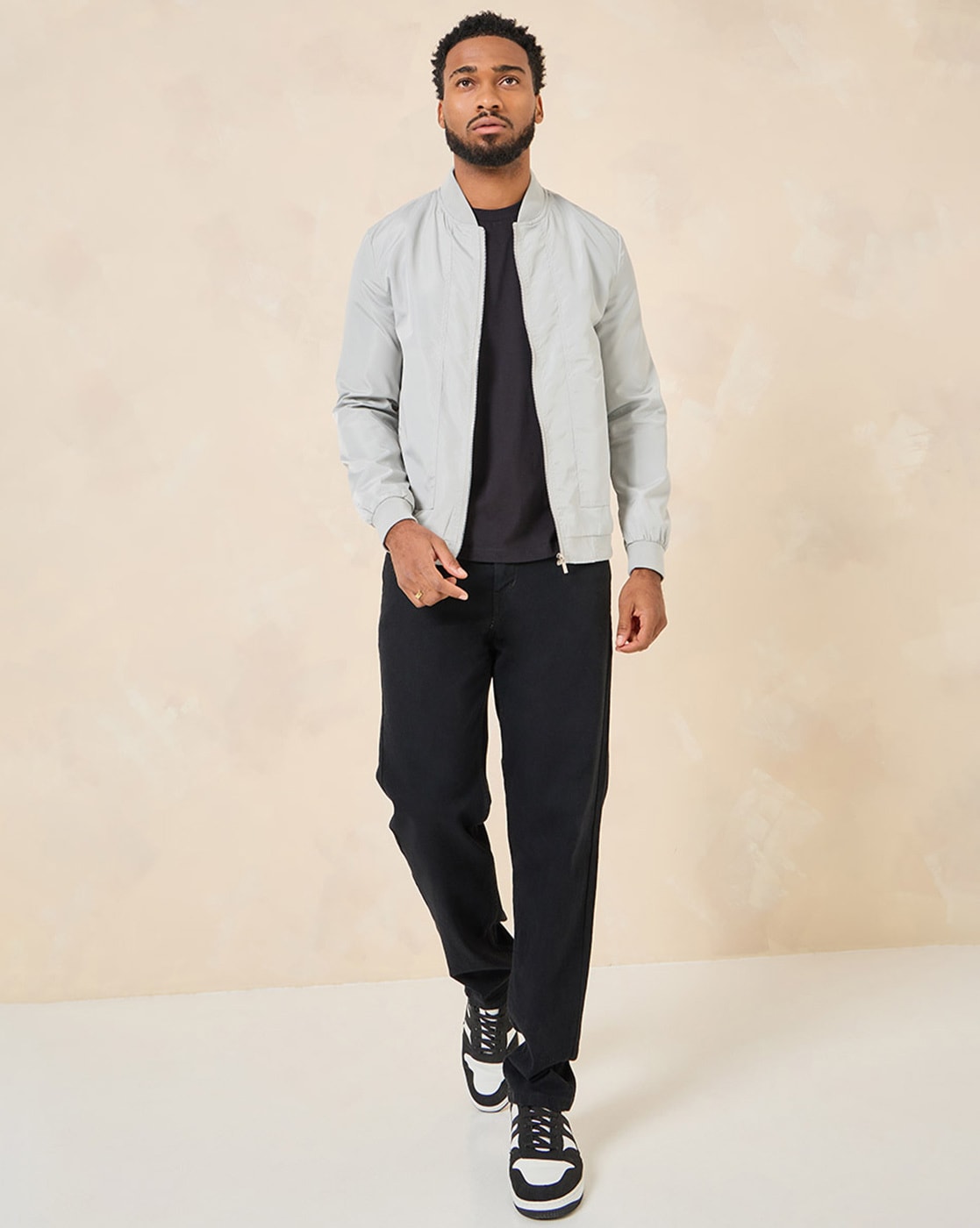 Grey bomber hotsell jacket outfit mens