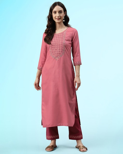 Straight Kurta Set with Embroidery Price in India