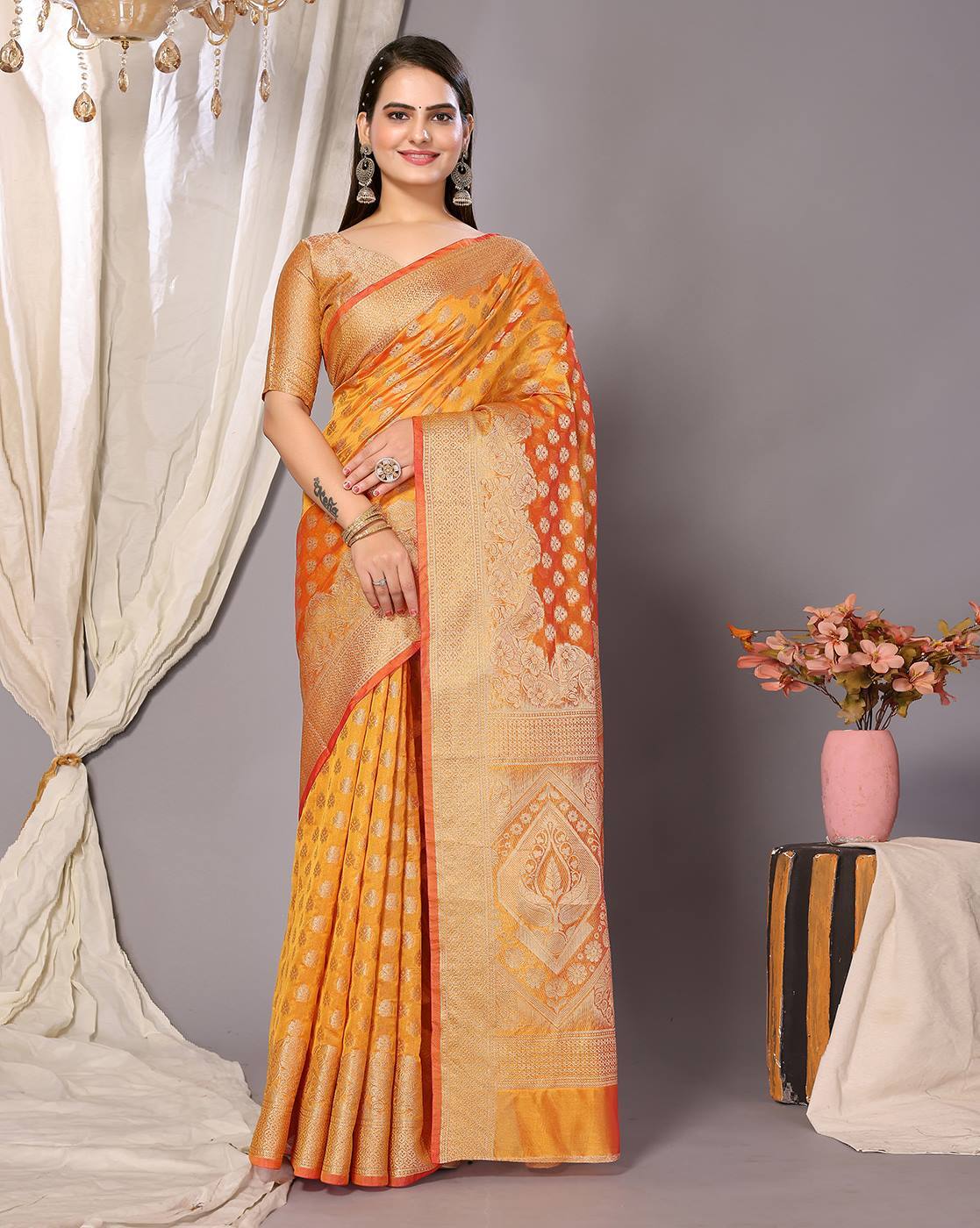 Gold and Red Zari Tissue Contrast Silk Saree