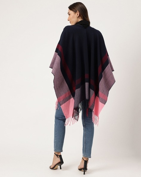 Women Poncho with Placement Stripe & Tassels Price in India