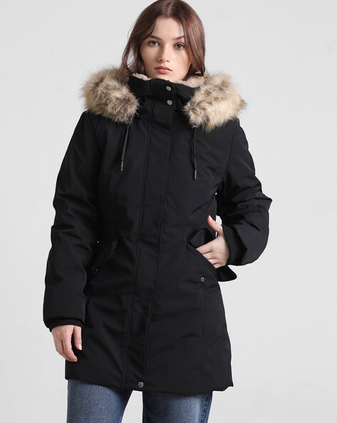 Long hooded parka with faux fur trim, black, Only | La Redoute