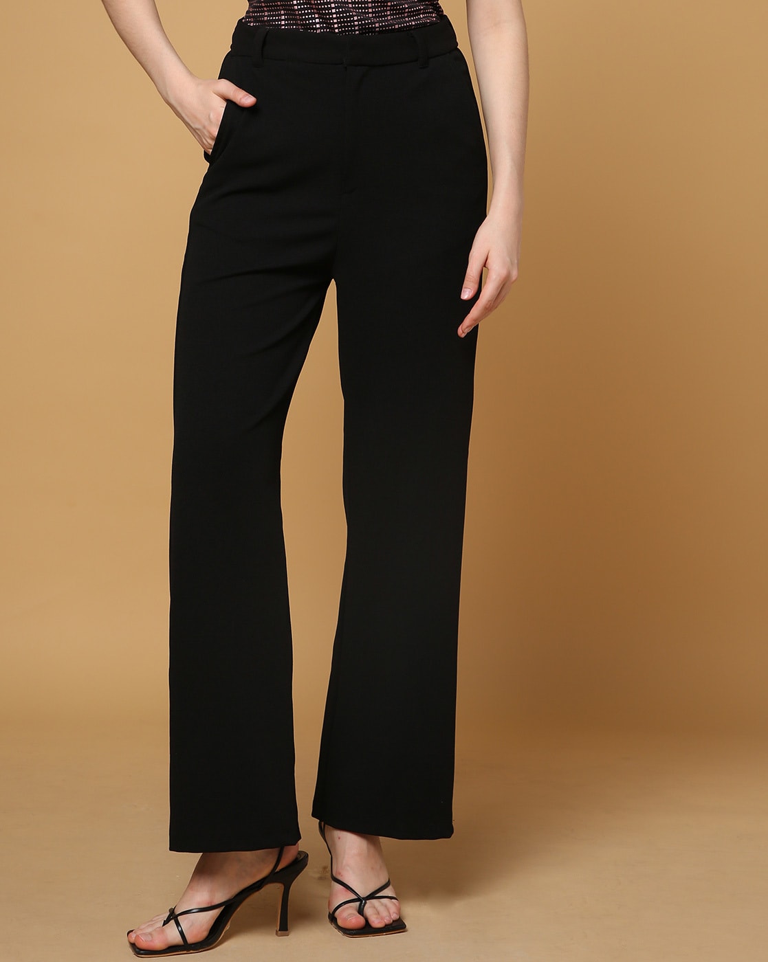 Buy Global Desi Women Black Regular Fit Solid Parallel Trousers - Trousers  for Women 1852090 | Myntra