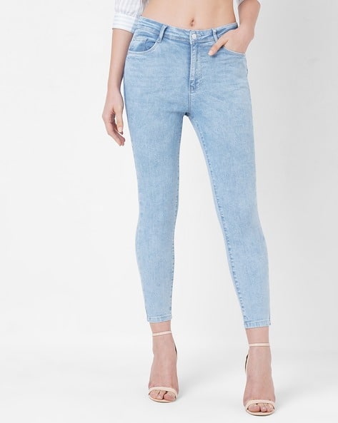Acid Wash High Waisted Light Blue Skinny Jeans Women Acid-Wash