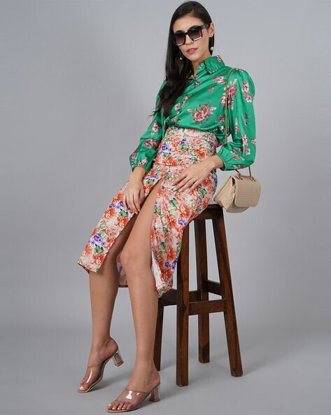 SCORPIUS floral printed front slit long top