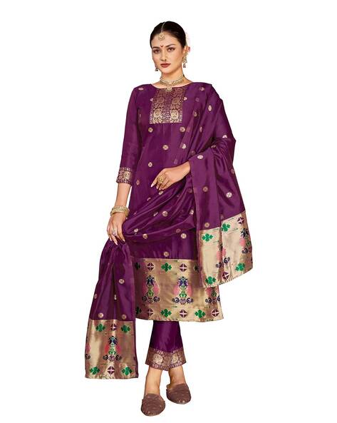Woven 3-Piece Semi-Stitched Straight Dress Material Price in India