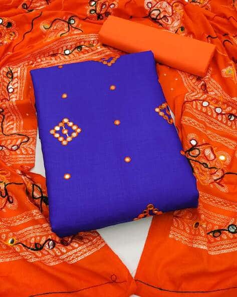 Dress Material Orange And Blue Combination Dress Embroidered