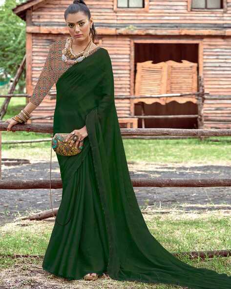 Buy KIWIE Dark Green Chiffon Plain Stone Work Saree With Blouse Piece  (Aalia-Dark Green ) Online at Best Prices in India - JioMart.