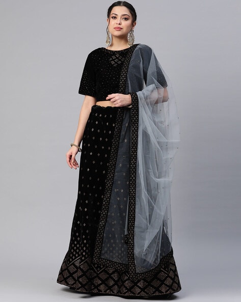 Black Wedding Lehenga Choli in Weaving Net UK - LC4172