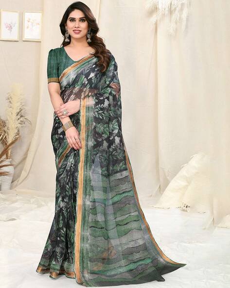 Buy Bagru Sanganeri Block Printed Cotton Saree - Green, Pink, Blue & White  Online