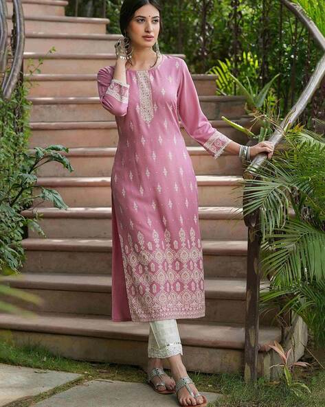 Pink A Line Embroidered Kurta with 3/4th Sleeves-23SLK02987-18A – Lakshita