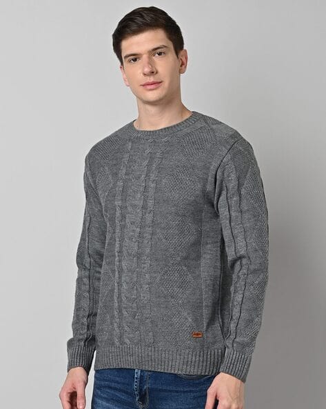 Crew Neck Jumper Mens Cable Knit Pullover Sweater Buy Grey