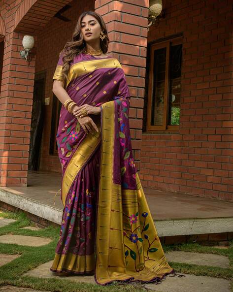 MUSTARD AND PURPLE MAGNOLIA FLORAL SILK SAREE WITH SILK BLOUSE – SHIVANI  BHARGAVA