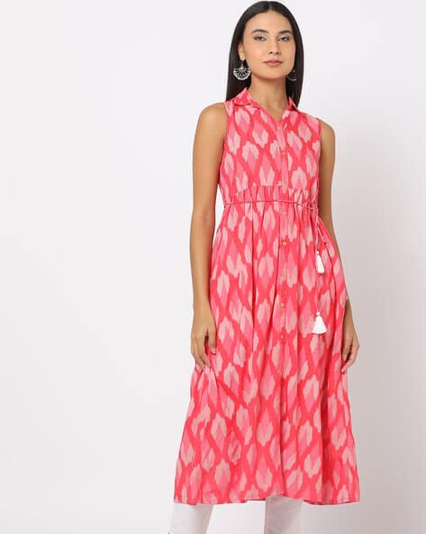 Ikat Patterned Flared Kurta with Tie-Ups