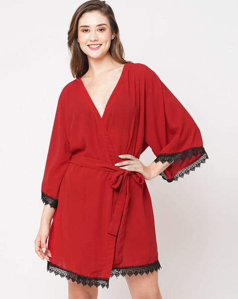 V-Neck Robe with Lace Hem